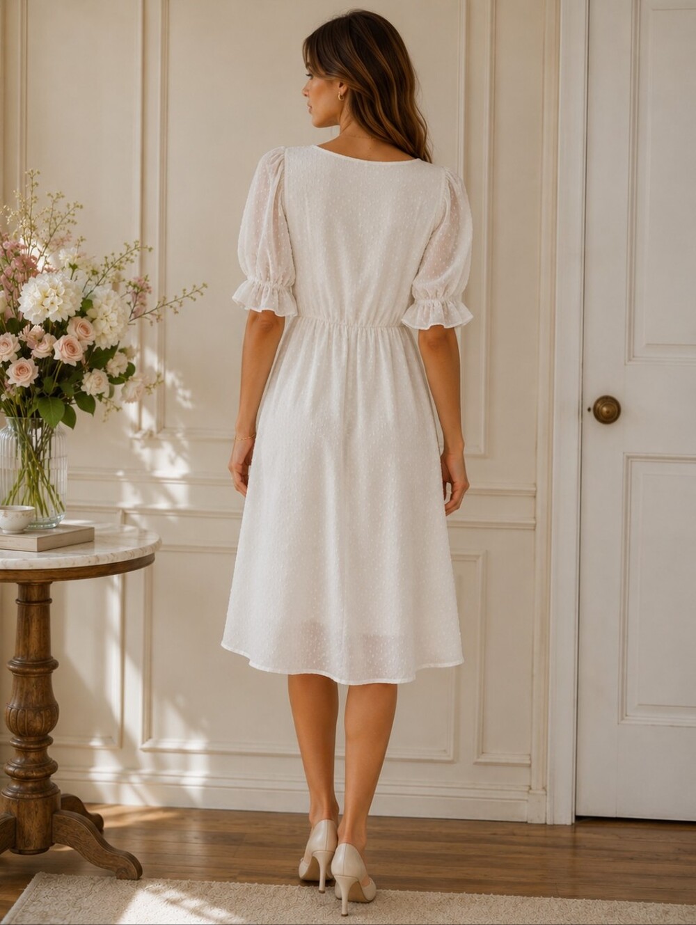 INDIGO ROSE | White Swiss Dot Smocked Puff Sleeve Midi Dress | Size 2X - Picture 2 of 7
